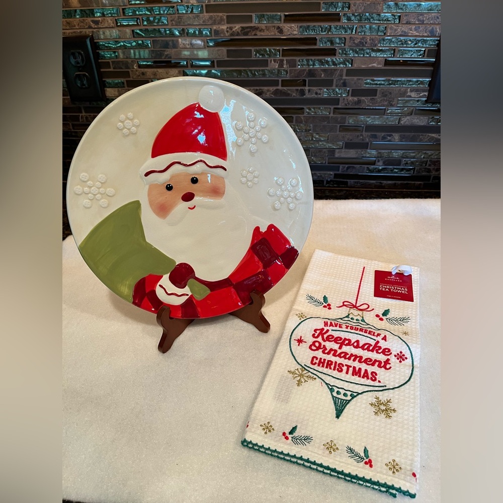 Hallmark Santa Cookie Plate & Keepsake Ornament Tea Towel